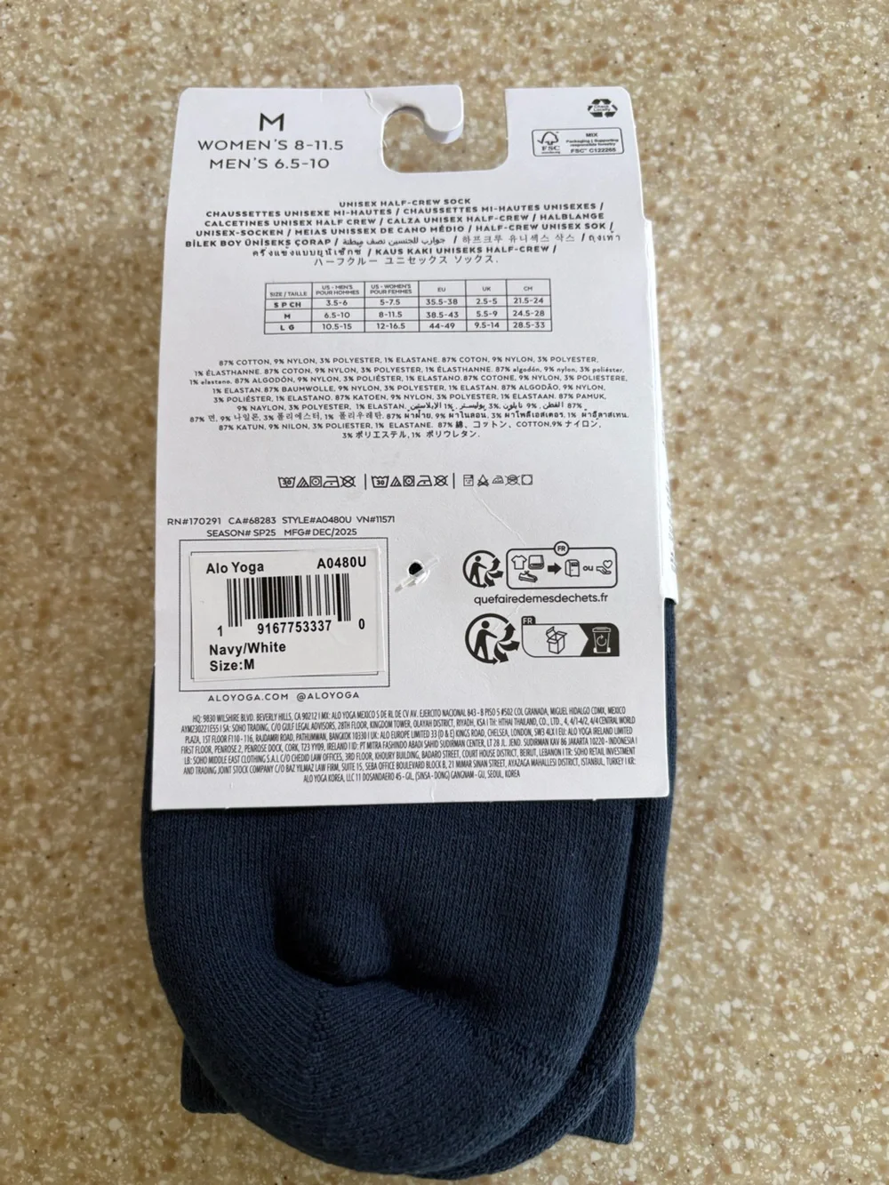 ALO Yoga Unisex Ribbed Half Crew Socks in Navy Size Medium